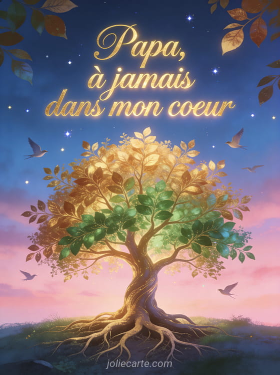 Arbre de vie majestueux aux feuilles dorées et vertes sur fond de ciel crépusculaire avec oiseaux en vol et étoiles scintillantes