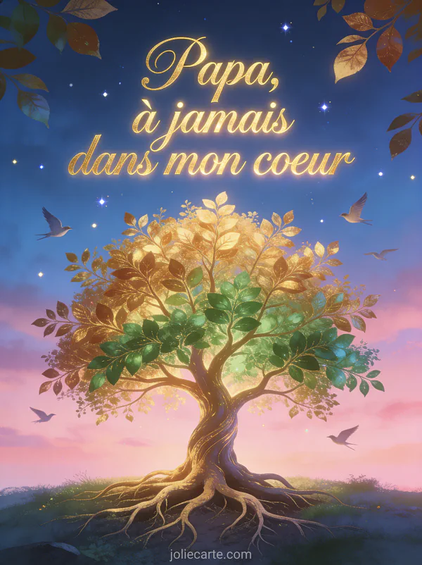 Arbre de vie majestueux aux feuilles dorées et vertes sur fond de ciel crépusculaire avec oiseaux en vol et étoiles scintillantes