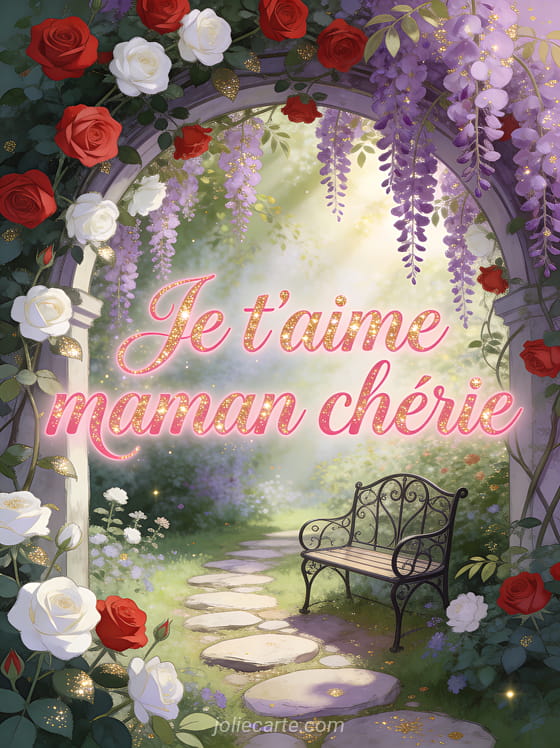 Jardin secret avec arche couverte de roses rouges et blanches sentier de pierres glycines mauves et lumière filtrante avec le texte Je t'aime maman chérie