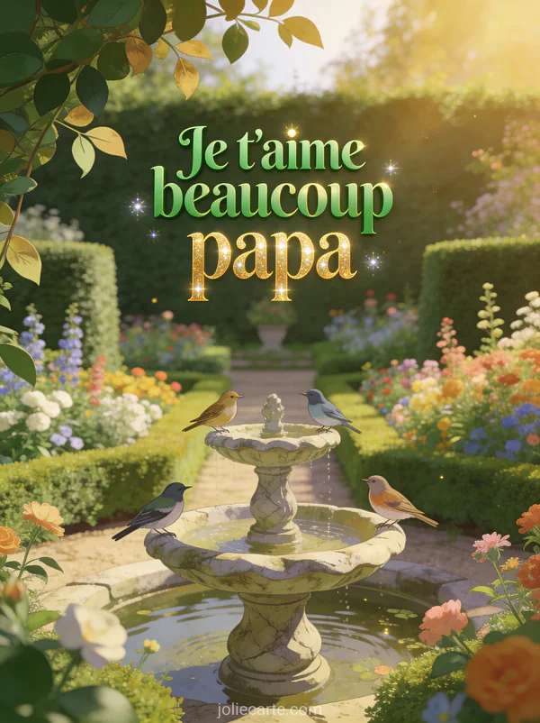 Jardin anglais avec haies taillées, massifs de fleurs multicolores et fontaine avec oiseaux dans une lumière dorée d'après-midi