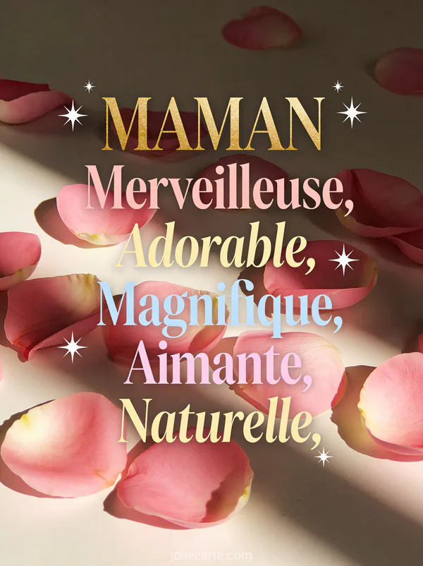 Lettres colorées formant le mot MAMAN en doré avec pétales de roses pastel dispersés et étoiles scintillantes et le texte Merveilleuse Adorable Magnifique Aimante Naturelle