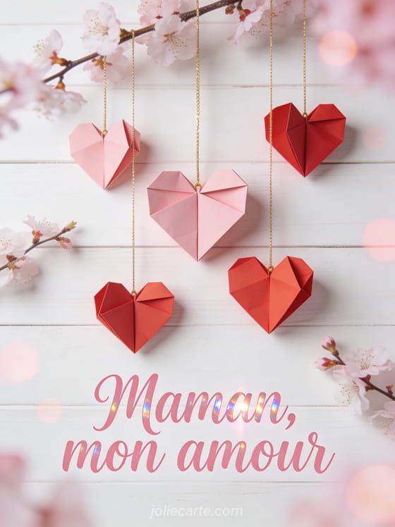 Coeurs en origami rose et rouge suspendus par des fils dorés sur fond de bois blanc avec branches de fleurs de cerisier et le texte Maman mon amour