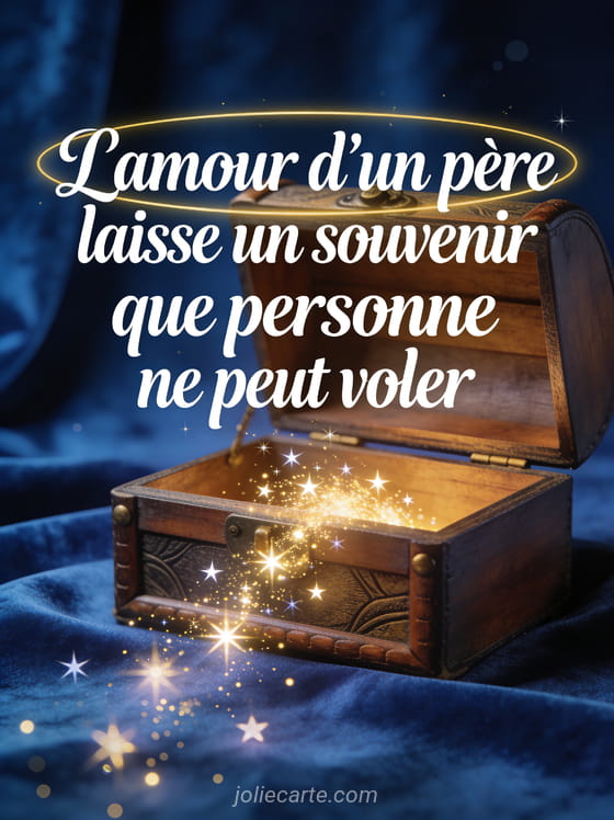 Coffre en bois ancien entrouvert d'où s'échappent des lumières dorées et étoiles scintillantes sur fond de velours bleu nuit