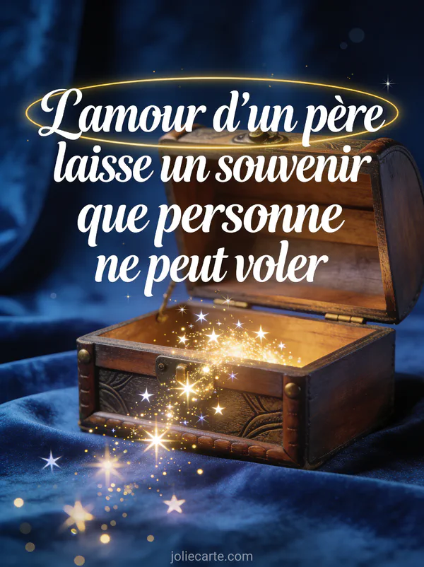 Coffre en bois ancien entrouvert d'où s'échappent des lumières dorées et étoiles scintillantes sur fond de velours bleu nuit