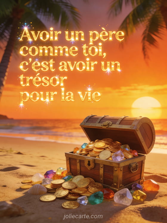 Coffre au trésor ouvert débordant de pièces d'or et pierres précieuses sur une plage au coucher du soleil avec palmiers