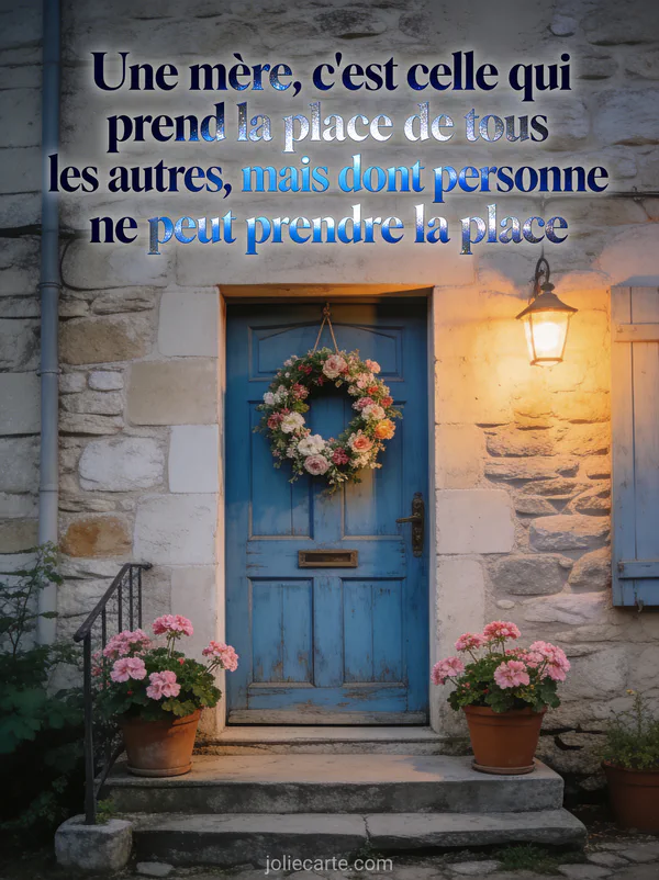 Porte d'entrée en bois bleu avec couronne de fleurs fraîches pots de géraniums roses sur le perron et mur en pierre avec le texte Une mère c'est celle qui prend la place de tous les autres