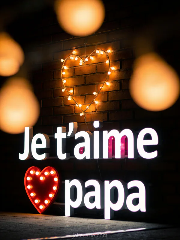 Coeur rouge en lumières LED brillantes dans l'obscurité accroché sur un mur en brique avec bokeh chaud et le texte Je t'aime papa