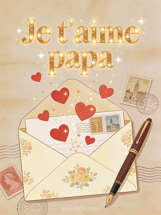 Enveloppe vintage ouverte d'où sortent des coeurs rouges et paillettes dorées avec plume d'écriture sur papier craft et le texte Je t'aime papa