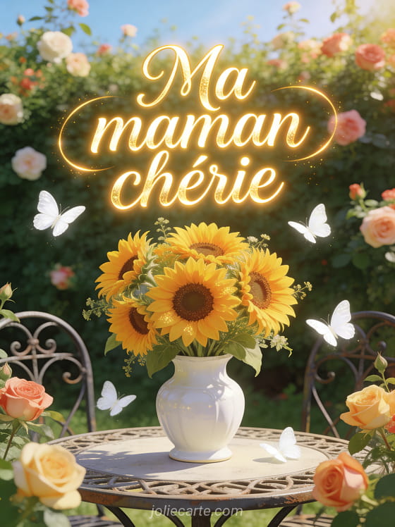 Tournesols dans un vase en porcelaine blanche sur table de jardin en fer forgé avec rosiers papillons blancs et lumière estivale et le texte Ma maman chérie