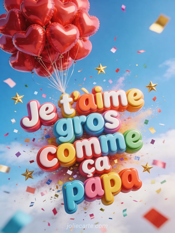 Énorme bouquet de ballons rouges en forme de coeur s'envolant dans un ciel bleu avec confettis multicolores et étoiles dorées
