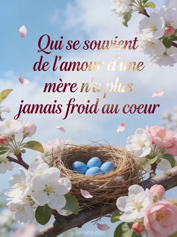 Nid d'oiseau avec petits oeufs bleus sur une branche de pommier en fleurs blanches et roses avec ciel printanier et pétales tombants et le texte Qui se souvient de l'amour d'une mère
