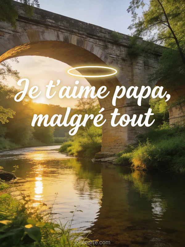 Vieux pont de pierre au-dessus d'une rivière calme entouré de verdure luxuriante au soleil couchant avec le texte Je t'aime papa malgré tout
