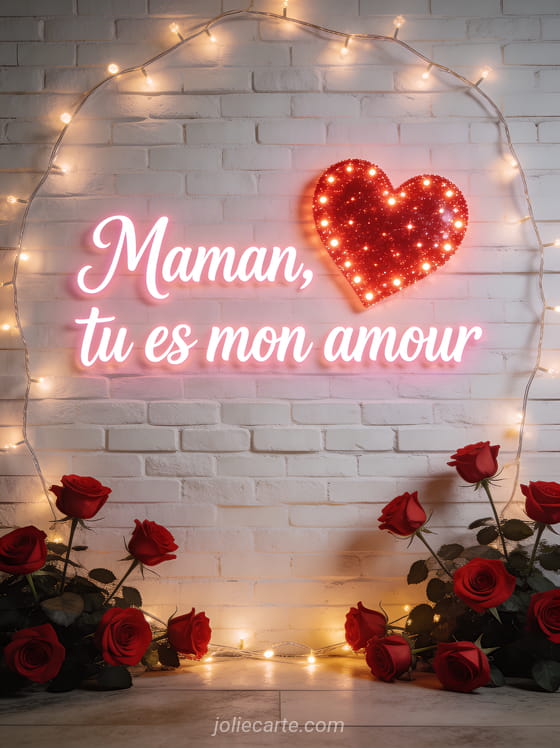 Grand coeur rouge scintillant en lumières LED sur mur de briques blanches avec guirlande lumineuse et roses rouges et le texte Maman tu es mon amour