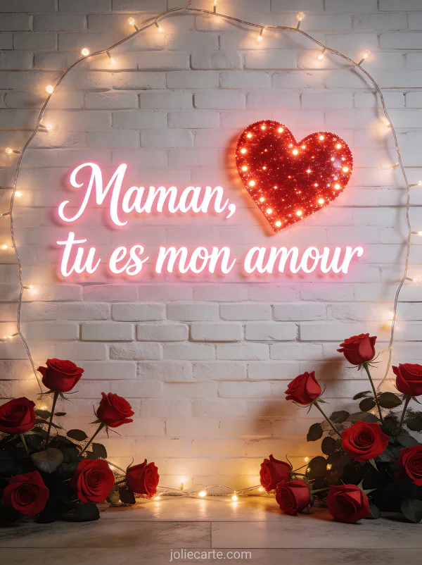 Grand coeur rouge scintillant en lumières LED sur mur de briques blanches avec guirlande lumineuse et roses rouges et le texte Maman tu es mon amour