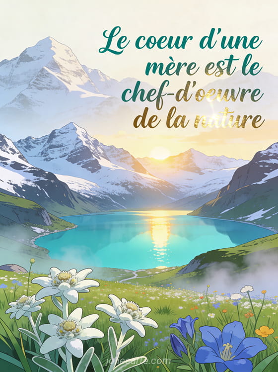 Lac de montagne au lever du soleil avec eaux turquoise sommets enneigés et prairie fleurie d'edelweiss et gentianes avec le texte Le coeur d'une mère est le chef-d'oeuvre de la nature