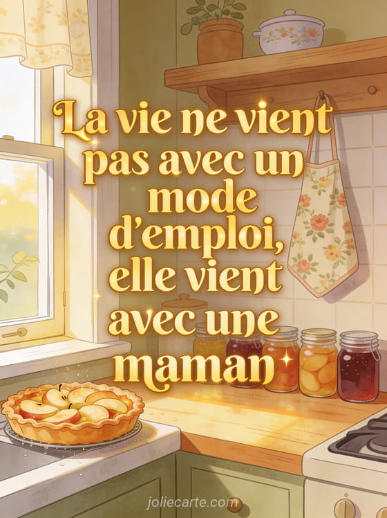 Cuisine chaleureuse avec tarte aux pommes sur rebord de fenêtre ouverte bocaux de confiture et tablier fleuri dans une lumière dorée et le texte La vie ne vient pas avec un mode d'emploi