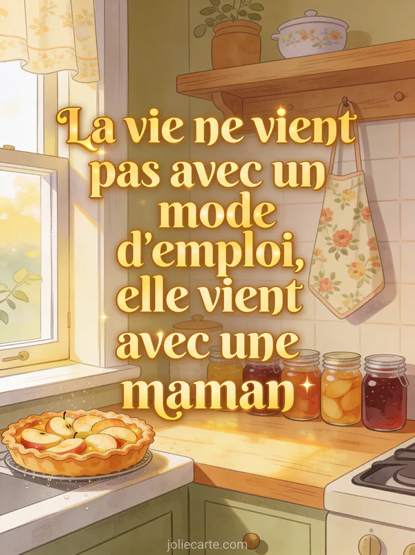 Cuisine chaleureuse avec tarte aux pommes sur rebord de fenêtre ouverte bocaux de confiture et tablier fleuri dans une lumière dorée et le texte La vie ne vient pas avec un mode d'emploi