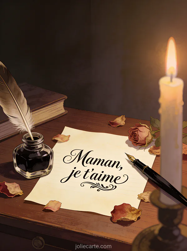 Feuille de papier vélin avec calligraphie à la plume sur bureau en bois foncé encrier en verre plume d'oie et pétales de rose séchés avec le texte Maman je t'aime