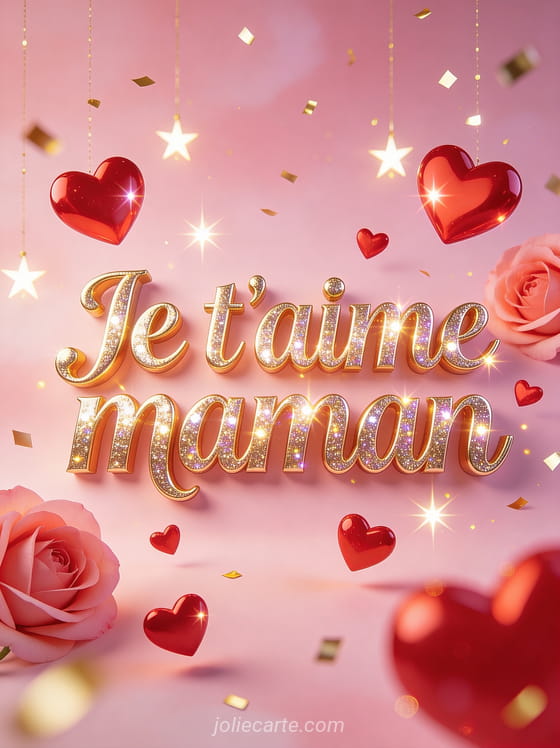 Lettres scintillantes dorées avec coeurs rouges et roses flottants sur fond rose poudré avec étoiles lumineuses et confettis et le texte Je t'aime maman
