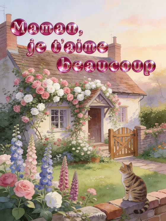 Cottage anglais couvert de rosiers grimpants roses et blancs avec portillon jardin fleuri de delphiniums et chat tigré sur un muret et le texte Maman je t'aime beaucoup