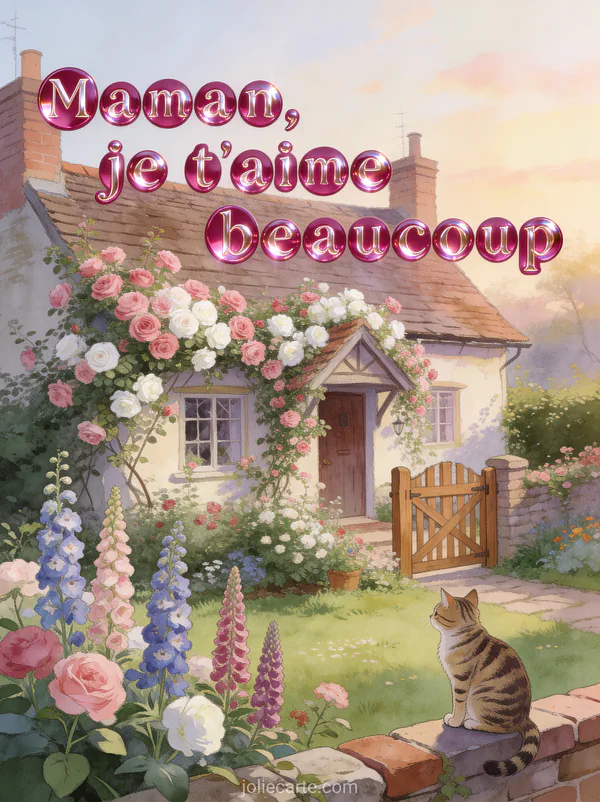 Cottage anglais couvert de rosiers grimpants roses et blancs avec portillon jardin fleuri de delphiniums et chat tigré sur un muret et le texte Maman je t'aime beaucoup