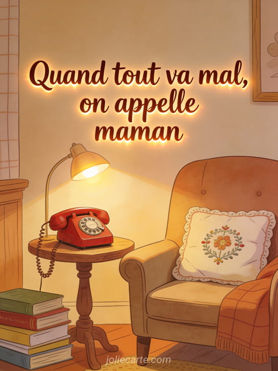 Vieux téléphone à cadran rouge sur petite table en bois avec fauteuil lampe allumée coussin brodé et livres empilés et le texte Quand tout va mal on appelle maman