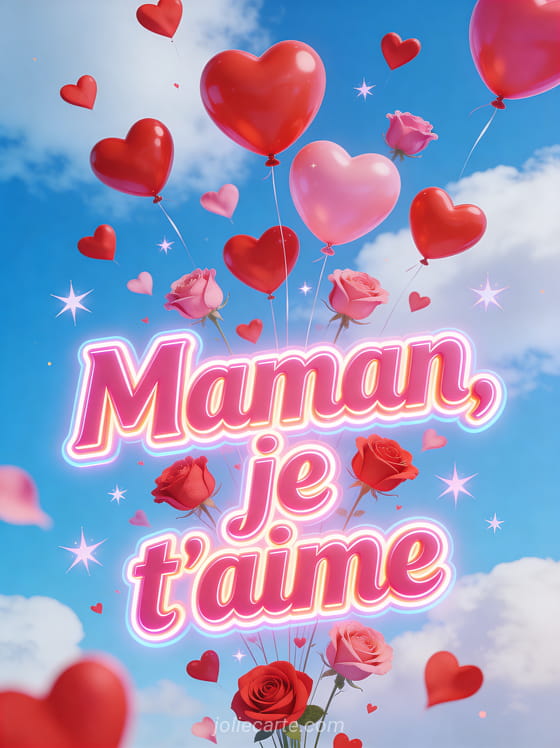 Grandes lettres roses néon avec dizaines de petits coeurs rouges et roses s'envolant vers le ciel bleu avec nuages blancs et étoiles et le texte Maman je t'aime
