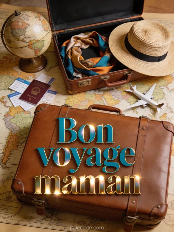 Valise vintage en cuir marron ouverte avec chapeau de paille foulard en soie globe terrestre ancien billets d'avion et passeport sur fond de carte du monde et le texte Bon voyage maman