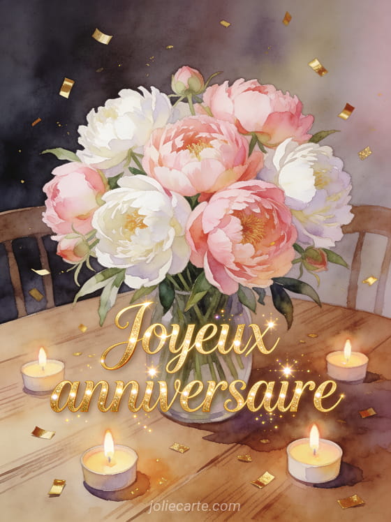Bouquet de pivoines roses et blanches sur une table en bois avec bougies et confettis dorés et le texte Joyeux anniversaire en lettres dorées