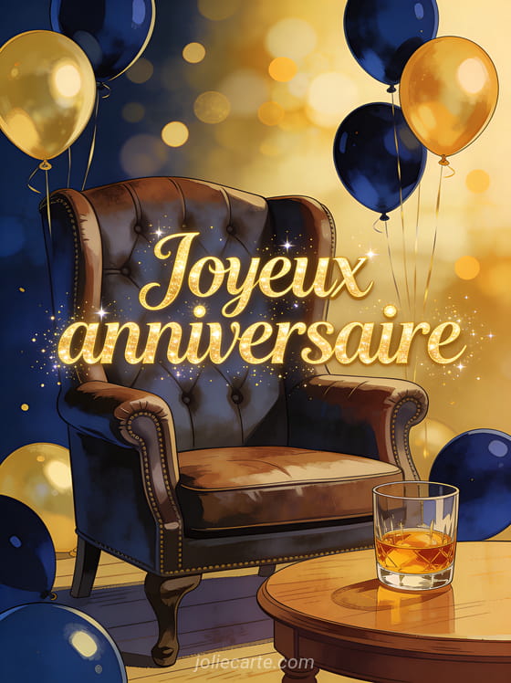 Lettres dorées scintillantes Joyeux anniversaire avec fauteuil vintage, verre de whisky et ballons dorés et bleu nuit