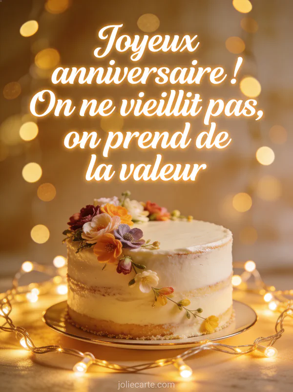 Gâteau d'anniversaire décoré de fleurs comestibles avec guirlandes lumineuses et le texte Joyeux anniversaire en lettres cursives blanches