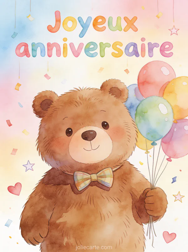 Illustration aquarelle d'un ours brun avec noeud papillon tenant des ballons multicolores et texte Joyeux anniversaire