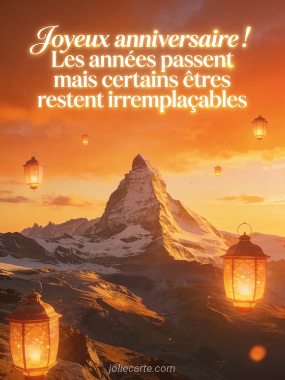 Paysage de montagne au coucher du soleil avec lanternes lumineuses et texte Joyeux anniversaire les années passent