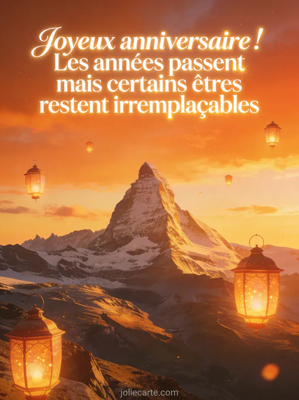 Paysage de montagne au coucher du soleil avec lanternes lumineuses et texte Joyeux anniversaire les années passent