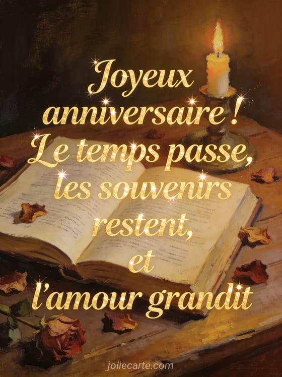 Livre ouvert avec pétales de roses séchées et bougie allumée, lettres cursives dorées, style peinture à l'huile