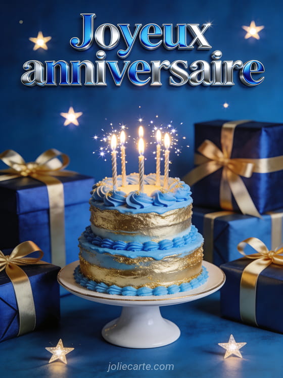 Gâteau d'anniversaire à étages décoré de crème bleue et dorée avec bougies, cadeaux et ciel étoilé