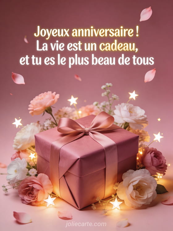Paquet cadeau entouré de fleurs fraîches et étoiles lumineuses sur fond rose poudré avec le texte Joyeux anniversaire en lettres blanches