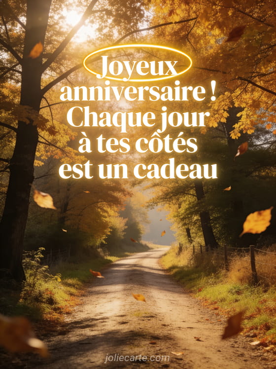 Chemin de campagne bordé d'arbres aux feuilles dorées en automne avec lumière chaude traversant les branches