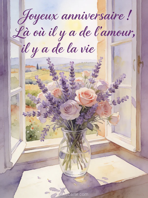 Bouquet de lavande et roses dans un vase en verre sur une fenêtre ouverte avec paysage provençal ensoleillé et le texte en lettres manuscrites violettes