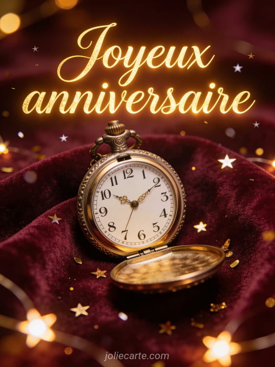 Montre à gousset ouverte posée sur velours bordeaux entourée d'étoiles lumineuses et confettis dorés