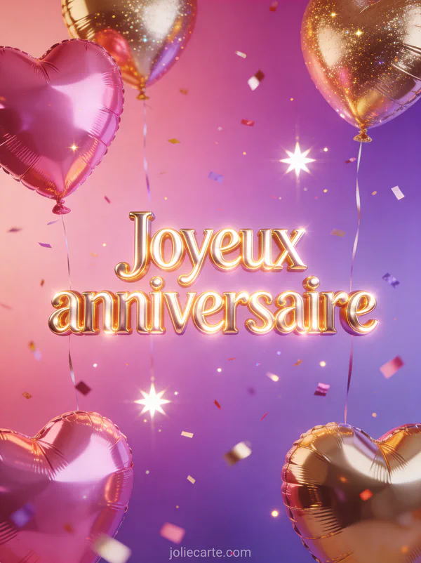 Ballons en forme de coeurs roses et dorés avec confettis scintillants sur fond dégradé rose et violet avec le texte Joyeux anniversaire en lettres dorées 3D