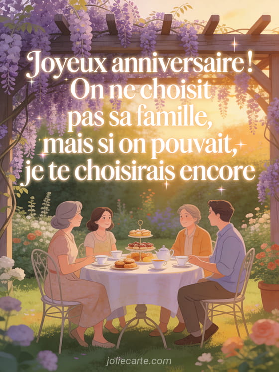 Jardin fleuri avec tonnelle en bois couverte de glycine mauve, table dressée pour un goûter, lumière dorée