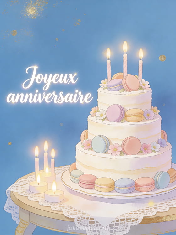 Gâteau à étages décoré de macarons pastel et petites fleurs posé sur une nappe en dentelle avec bougies allumées et le texte Joyeux anniversaire