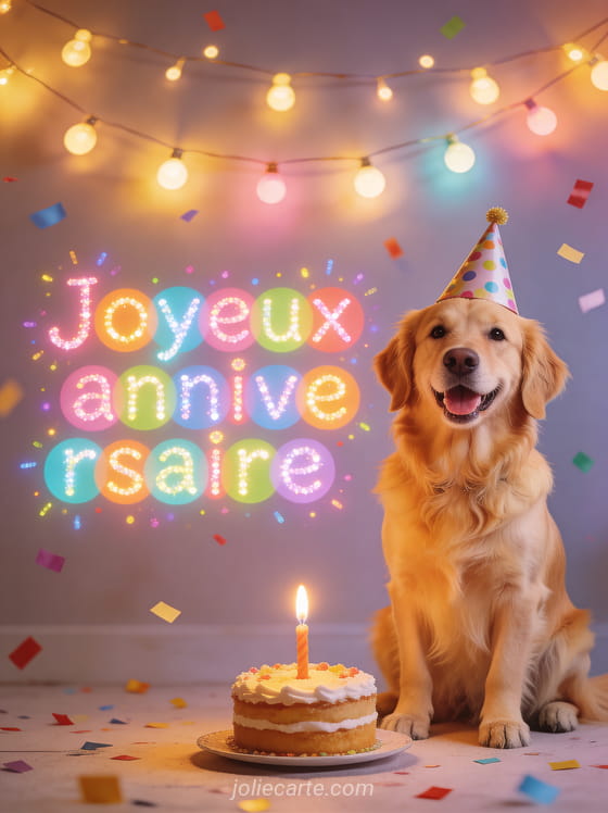 Golden retriever joyeux avec chapeau de fête devant un gâteau avec bougie, guirlandes et confettis festifs