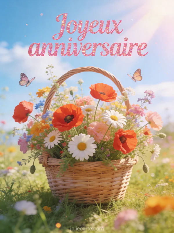 Panier de fleurs sauvages avec coquelicots et marguerites avec des papillons sur fond champêtre ensoleillé et le texte Joyeux anniversaire en lettres roses