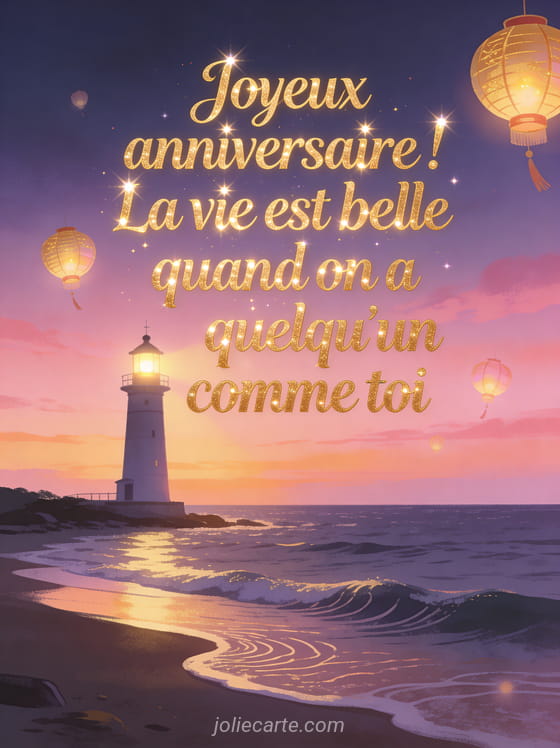 Bord de mer au crépuscule avec phare illuminé, lanternes chinoises dorées flottant dans un ciel rose et violet