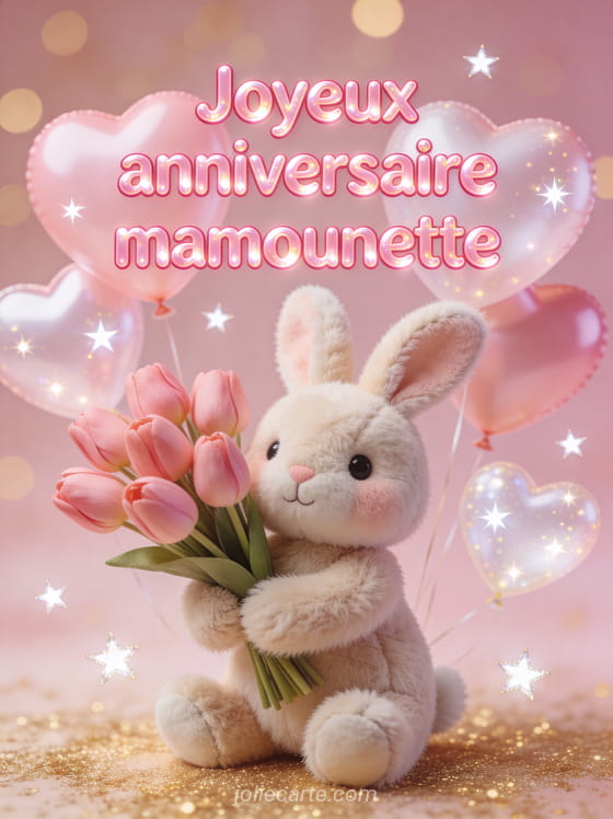 Petit lapin en peluche tenant un bouquet de tulipes roses entouré de ballons coeurs et étoiles scintillantes sur fond rose poudré