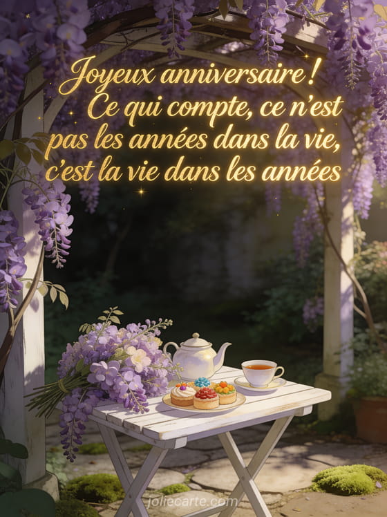 Jardin secret avec tonnelle couverte de glycine mauve et petite table avec thé et pâtisseries en lumière dorée et le texte en lettres calligraphiées