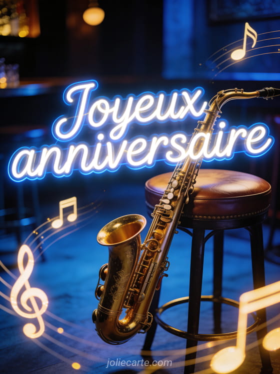 Saxophone doré posé sur tabouret en cuir dans un club de jazz avec notes de musique lumineuses, éclairage bleu et doré