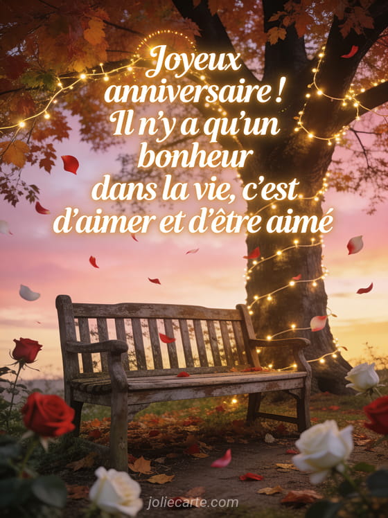 Vieux banc de jardin sous un grand arbre avec guirlandes lumineuses et pétales de roses volant au vent sous un ciel crépusculaire rosé